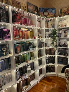 a room filled with lots of books on shelves next to a wall covered in lights