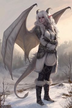 a woman dressed as a dragon standing in the snow with her arms around her chest