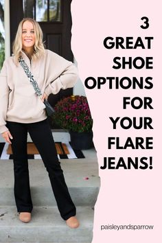 Wondering w hat shoes to wear with flare jeans? Here are 3 types of shoes you can wear with your flare jeans! Finish off your flare jeans outfit with the right type of shoes. Slight Flare Jeans, What Shoes Do You Wear With Flare Jeans, Cropped Flare Jeans Outfit Sneakers, Flare Pants Shoes, What Shoes To Wear With Bootcut Jeans, What Shoes To Wear With Jeans, What Shoes To Wear With Flare Jeans, Shoes For Flare Jeans, Flare Jeans Winter Outfit