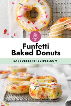 a bunch of doughnuts with sprinkles on them and the title overlay reads funfetti baked donuts easy dessert recipes