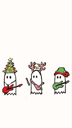 three cartoon characters wearing christmas hats and holding spoons