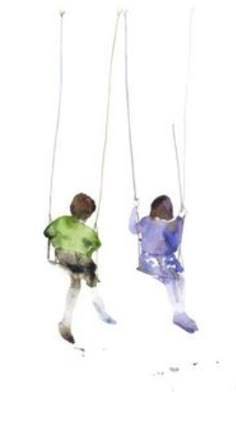 two people on swings in the snow with one holding onto another person's back