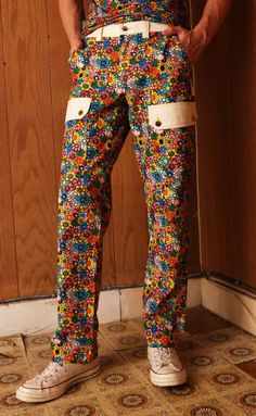 Psychedelic Garden Cargo Pant | bruceglen | BruceGlen Smiley Logo, Funky Pants, At Home Outfits, Pop Art Fashion, Cargo Work Pants, Rainbow Face, Gardening Outfit, Fire Fits, Colored Pants