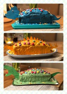 three different cakes with dinosaur decorations on them