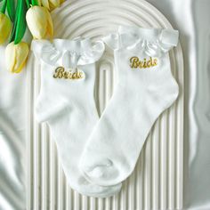 ✨💎 Wouldn't you like to experience elegance and quality together? Meet these custom embroidered frilly bridal socks! ✴️PRODUCT FEATURES: These lace socks are made of 80% cotton and 20% spandex material. Thanks to its perforated structure, it is suitable for the summer season; it doesn't cause sweating and features a breathable fabric! These bride socks are compatible with EU sizes 37-42. These wedding socks come in 2 design options, choose your style!  🌟HOW TO ORDER: Firstly, please select the Bridal Socks, Hosiery Dress, Socks Lace, Frilly Socks, Wedding Socks, Wedding Dress Outfit, Personalized Socks, Wedding Gifts For Bride, Custom Socks