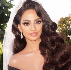 a woman with long hair wearing a bridal gown and veil on her wedding day