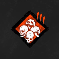 three skulls are sitting in the center of an orange and black square