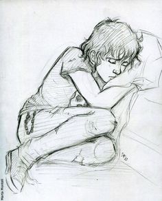 a pencil drawing of a boy sitting on a couch with his arm around the pillow