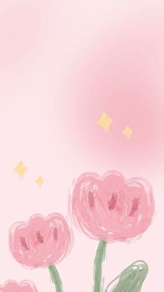 some pink flowers on a pink background with stars in the sky behind them and a yellow star