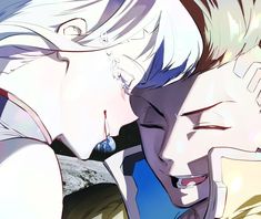 two anime characters one is kissing the other has his eyes closed and mouth wide open