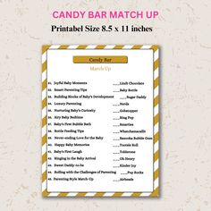 a candy bar match up sheet with the names and numbers for each item on it