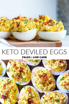 keto deviled eggs with bacon and mayonnaise in them on a cutting board