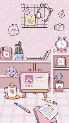 a room with pink walls and various objects