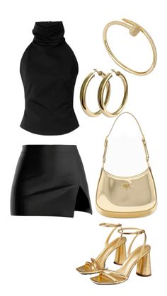 a woman's outfit with gold accessories and heels