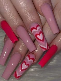 Multicolor  Collar   Heart Color Nails Embellished   Beauty Tools Vday Nails, Nail Designs Valentines, Dope Nail Designs, Long Acrylic Nails Coffin, Acrylic Nails Coffin Pink, Long Square Acrylic Nails, Square Acrylic Nails, Nails Coffin, Fire Nails