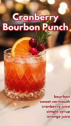 Cranberry Bourbon Punch Recipe Christmas Cocktails Bourbon Pitcher, Bourbon Punch Recipes, Bourbon Cranberry Cocktail, Holiday Bourbon Cocktails, Bourbon Punch, Rosemary Simple Syrup, Bourbon Cocktail, Sweet Vermouth