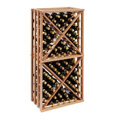 a wooden wine rack filled with lots of bottles on top of a white background,