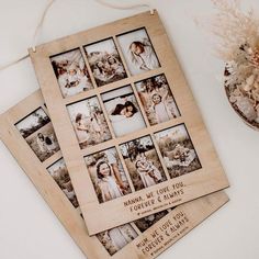 four photos are hanging on a string next to some dried flowers