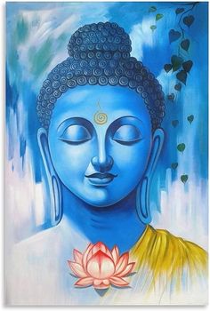 a painting of a buddha statue with a flower in front of it