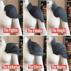 four different types of hats on mannequins with the words the fighter, the palidin, and the clerical