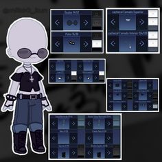 an animated character is standing in front of some dark blue buttons and screenshots