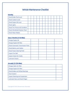 the vehicle maintenance checklist is shown in this file, it shows that there are many items