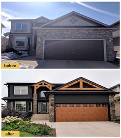 before and after photos of a house with wood trim on the garage door, front porch and side windows