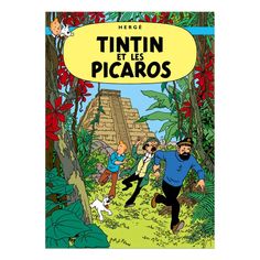 A picture of the cover of Tintin and the Picaros, titled in French as Tintin et les Picaros. The picture shows Tintin, Snowy, Professor Calculus, and Captain Haddock running through the jungle. Captain Haddock is pulling along a protesting Professor Calculus, while Tintin and Snowy are behind them. In the background is a Mesoamerican Pyramid. Captain Haddock, Herge Tintin, Sea Shark, The Adventures Of Tintin, Adventures Of Tintin, Bd Comics, Book Posters, Rare Books, Iconic Characters