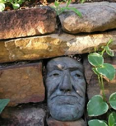 a brick wall with a face in the middle and plants growing out of it's sides