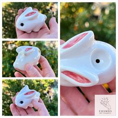 there is a hand holding a small white pig figurine in four different pictures