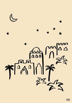 a drawing of a city with palm trees and the moon in the sky above it