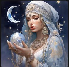 a painting of a woman holding a crystal ball in front of the moon and stars