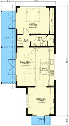 the floor plan for a small house with an attached bathroom and living room, as well as