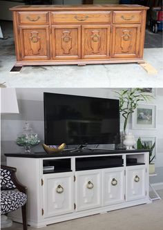 before and after pictures of an old dresser turned into a tv stand with drawers on each side