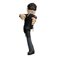 a cartoon character with a mask on pointing at something in his hand and wearing a black outfit