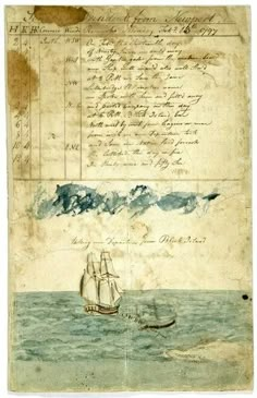 an old paper with writing on it and a boat in the water