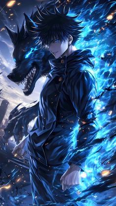 an anime character is standing in front of a blue fire and ice monster with his mouth open