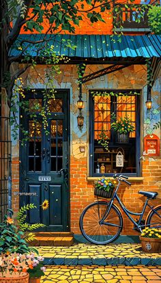 a painting of a bicycle parked in front of a brick building with potted plants