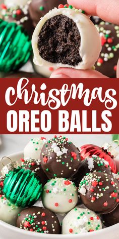 christmas oreo balls with chocolate and sprinkles on top in a white bowl