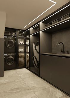 a washer and dryer in a very large room