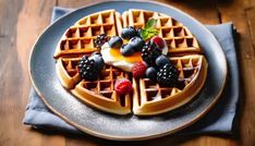 a waffle topped with fruit and syrup on top of a blue plate sitting on a wooden table