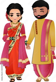 Cute hindu couple in traditional indian dress cartoon character.Romantic wedding invitation card Stock Illustration | Adobe Stock Hindu Couple, Marriage Clothes, Boyfriends Birthday Ideas, Cartoon Wedding Invitations, Couple Illustration Wedding, Wedding Illustration Card, Bride And Groom Cartoon, Wedding Couple Cartoon, People Illustrations