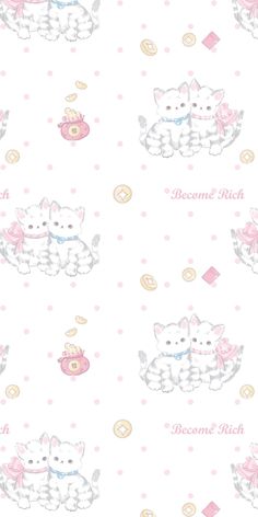 two white kittens with pink bows are on a polka dot background