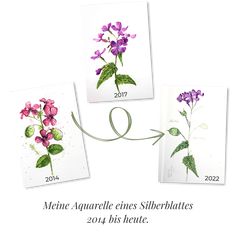 three pictures of flowers with green leaves and purple flowers on them, one is in the middle