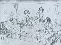 a drawing of three people in a hospital bed