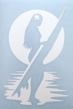 the silhouette of a woman holding a surfboard in front of a moon and water