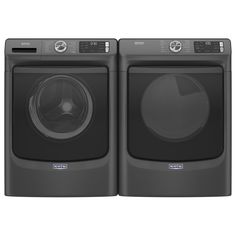 the front load washer and dryer are side by side, both in black