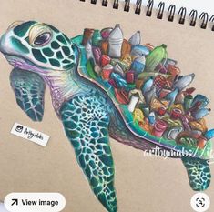 a drawing of a sea turtle with lots of shells on it's back end