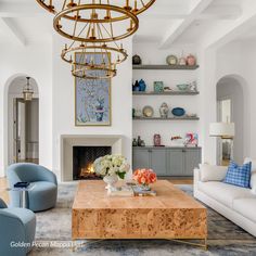 a living room filled with furniture and a fire place