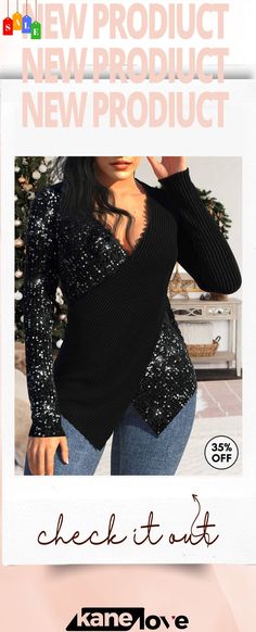 Black Sequin Long Sleeve V Neck T Shirt Black Sequins, Elevate Your Style, Your Style, Neck T Shirt, V Neck T Shirt, Sequin, V Neck, Long Sleeve, T Shirt